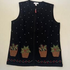 VTG Charter Club Black Full Zip‎ Wool Christmas Sweater Vest Womens Sz S Pearl